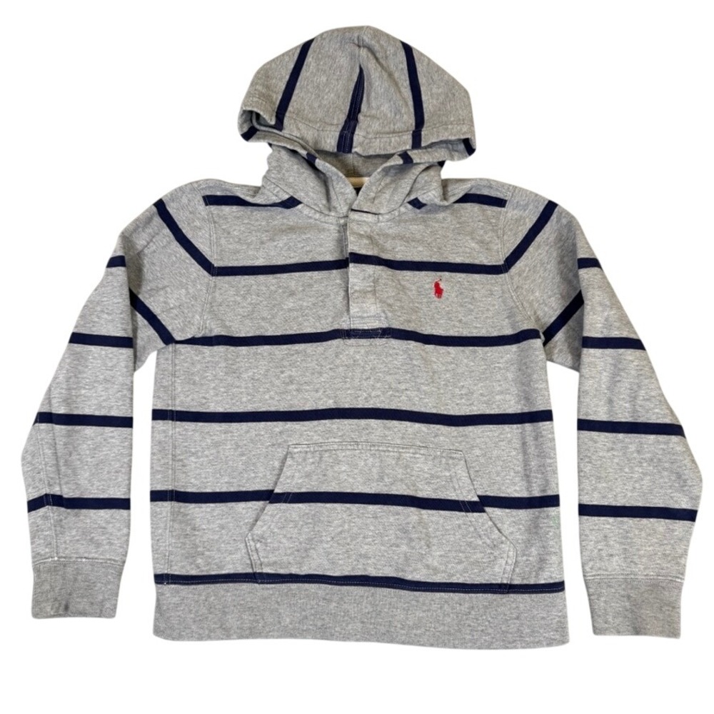Polo Ralph Lauren Boys Gray Navy Blue Striped Pullover Hoodie Sweatshirt L 14-16